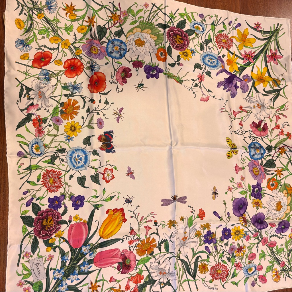 Gucci Floral Silk Scarf With Yellow And Blue Accents